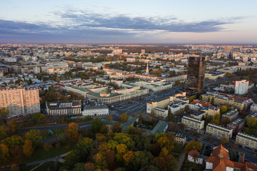 Aerial view of the cityscape of the old city at sunrise. Warsaw Poland.