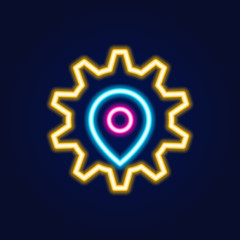 Vector geolocation pin in gear neon icon. Elements of business. Simple logo for websites, web design, mobile app, info graphics