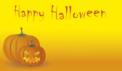 Gelborange Halloween Karte mit Kürbisgeist und Text Happy Halloween.