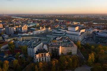 Panorama of the old city of Warsaw. Poland. Aerial view of the cityscape of the old city at sunrise. 