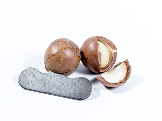 Open Macadamia nut by tool on background