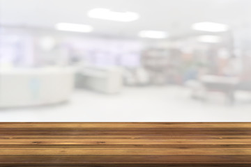 Empty wooden board space platform with library blur background