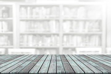 Empty wooden board space platform with library blur background