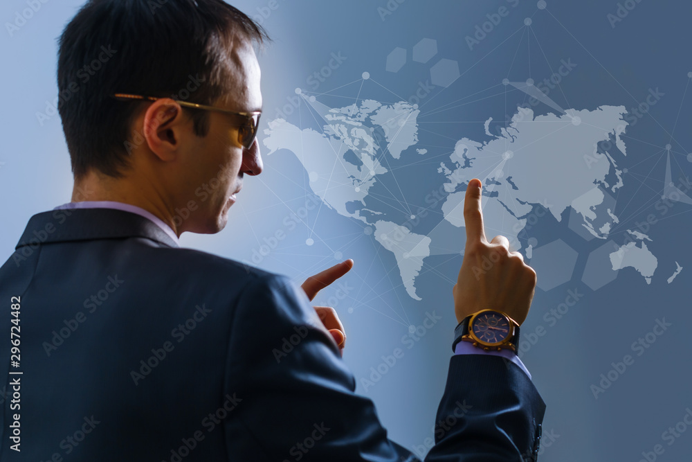 Poster businessman touching on world map with futuristic communication interface.