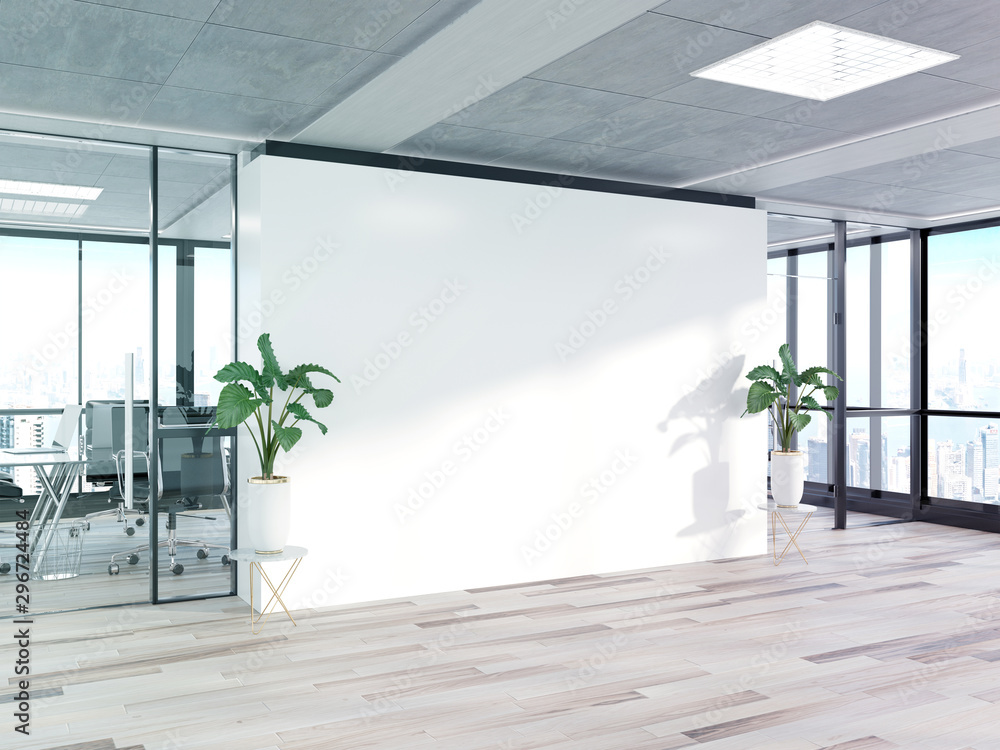 Poster blank wall in bright concrete office with large windows mockup 3d rendering