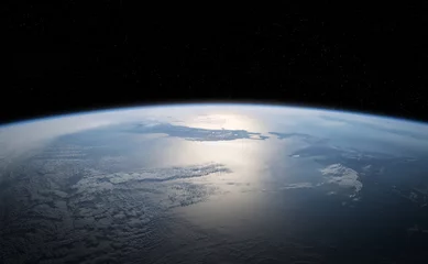 Tuinposter Weergave van planeet Aarde close-up met atmosfeer tijdens een zonsopgang 3D-rendering elementen van deze afbeelding geleverd door NASA © sdecoret