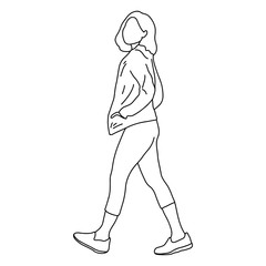 full length of woman walking from right to left vector illustration sketch doodle hand drawn with black lines isolated on white background