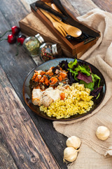 chicken peas, carrots, mushrooms and sauce