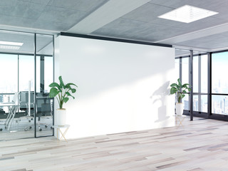 Blank wall in bright concrete office with large windows Mockup 3D rendering - obrazy, fototapety, plakaty