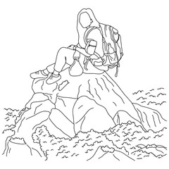 woman with backpack sitting on the top of the mountain vector illustration sketch doodle hand drawn with black lines isolated on white background
