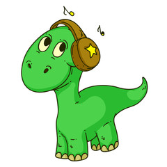 Cool dinosaur, dino listening music. Cartoon mascot for children, kids clothing. Fashionable illustration for t-shirt designs