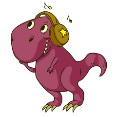 Cool dinosaur, dino listening music. Cartoon mascot for children, kids clothing. Fashionable illustration for t-shirt designs