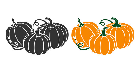 Pumpkins with leaves, silhouette on white background.