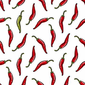 Red hot chili peppers on white background. Vegetable seamless pattern.