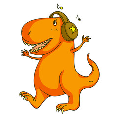 Cool dinosaur, dino listening music. Cartoon mascot for children, kids clothing. Fashionable illustration for t-shirt designs