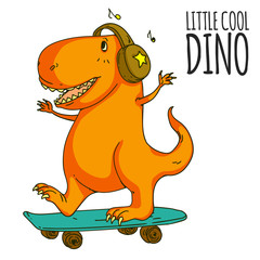 Cool dinosaur, dino listening music. Cartoon mascot for children, kids clothing. Fashionable illustration for t-shirt designs