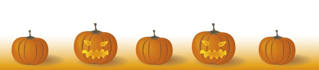 Gelborange Halloween Banner mit 2 Kürbisgeistern zwischen 3 Kürbissen. 