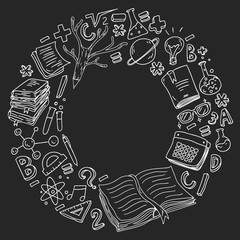 School, college, university, kindergarten pattern with vector elements and icons. Creativity and imagination.