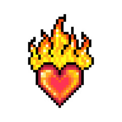 Obraz premium Red burning heart, pixel art icon isolated on white background. 8 bit symbol of love and passion. Valentine's Day print. Old school vintage retro 80s, 90s slot machine/video game graphics.