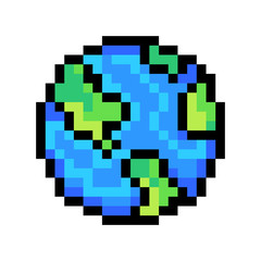 Planet Earth, 8 bit pixel art icon isolated on white background. Old school vintage retro 80s, 90s slot machine/video game graphics.