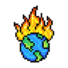 Burning planet Earth, 8 bit pixel art icon isolated on white background. Old school vintage retro 80s, 90s slot machine/video game graphics. Ecology poster. Global warming concept.Nature care campaign