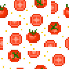 Seamless pattern with 8 bit pixel art red ripe tomatoes (uncut, cut in half, sliced) and seeds isolated on white background. Vegetable print for menu, kitchen fabric, ketchup, sauce package design.