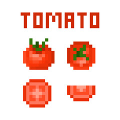 Set of 4 pixel art red ripe tomatoes (uncut, cut in half, sliced) isolated on white background. Collection of 8 bit vegetable icons. Old school vintage retro 80s, 90s slot machine/video game graphics.