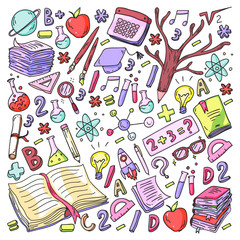 School, college, university, kindergarten pattern with vector elements and icons. Creativity and imagination.