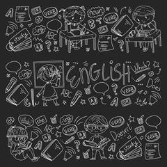 English school for children. Learn language. Education vector illustration. Kids drawing doodle style image.