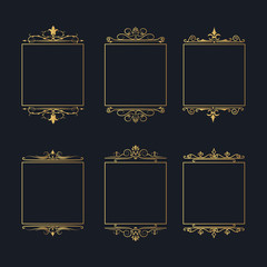 Golden filigree ornate frames set for invitation card design. Hand drawn vintage elegant wedding gold borders. Vector isolated antique ornament. © Kirill