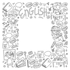 English school for children. Learn language. Education vector illustration. Kids drawing doodle style image.