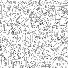English school for children. Learn language. Education vector illustration. Kids drawing doodle style image.