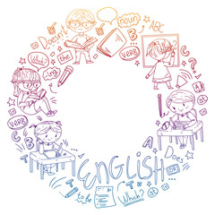 English school for children. Learn language. Education vector illustration. Kids drawing doodle style image.
