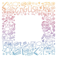 Fototapeta premium English school for children. Learn language. Education vector illustration. Kids drawing doodle style image.