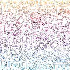 English school for children. Learn language. Education vector illustration. Kids drawing doodle style image.