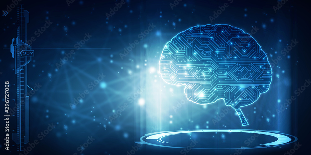 Poster 2d illustration concept of thinking, background with brain, abstract artificial intelligence. techno