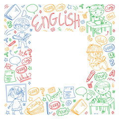 English school for children. Learn language. Education vector illustration. Kids drawing doodle style image.