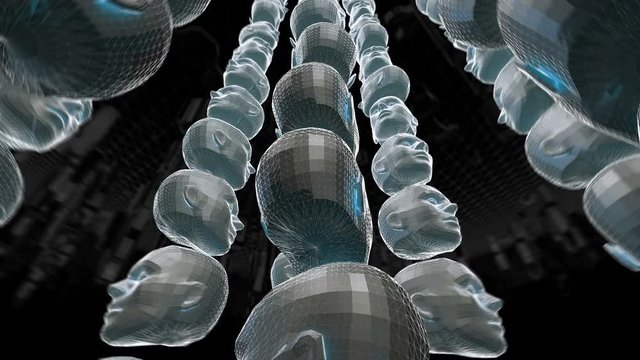 Geometric laser landscape with human faces. Seamless metal retro futuristic animation