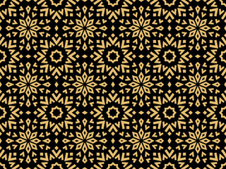 Abstract geometric pattern with lines, snowflakes. A seamless vector background. Gold and black texture. Graphic modern pattern