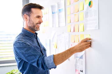 Portrait of web developer looking at post it notes on office wall
