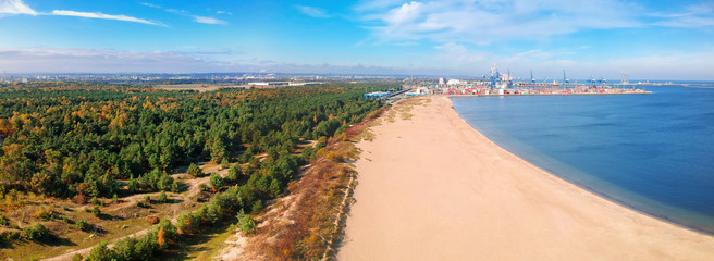 Aerial panorama of the beautiful beach of Baltic Sea in Gdansk, Poland - obrazy, fototapety, plakaty