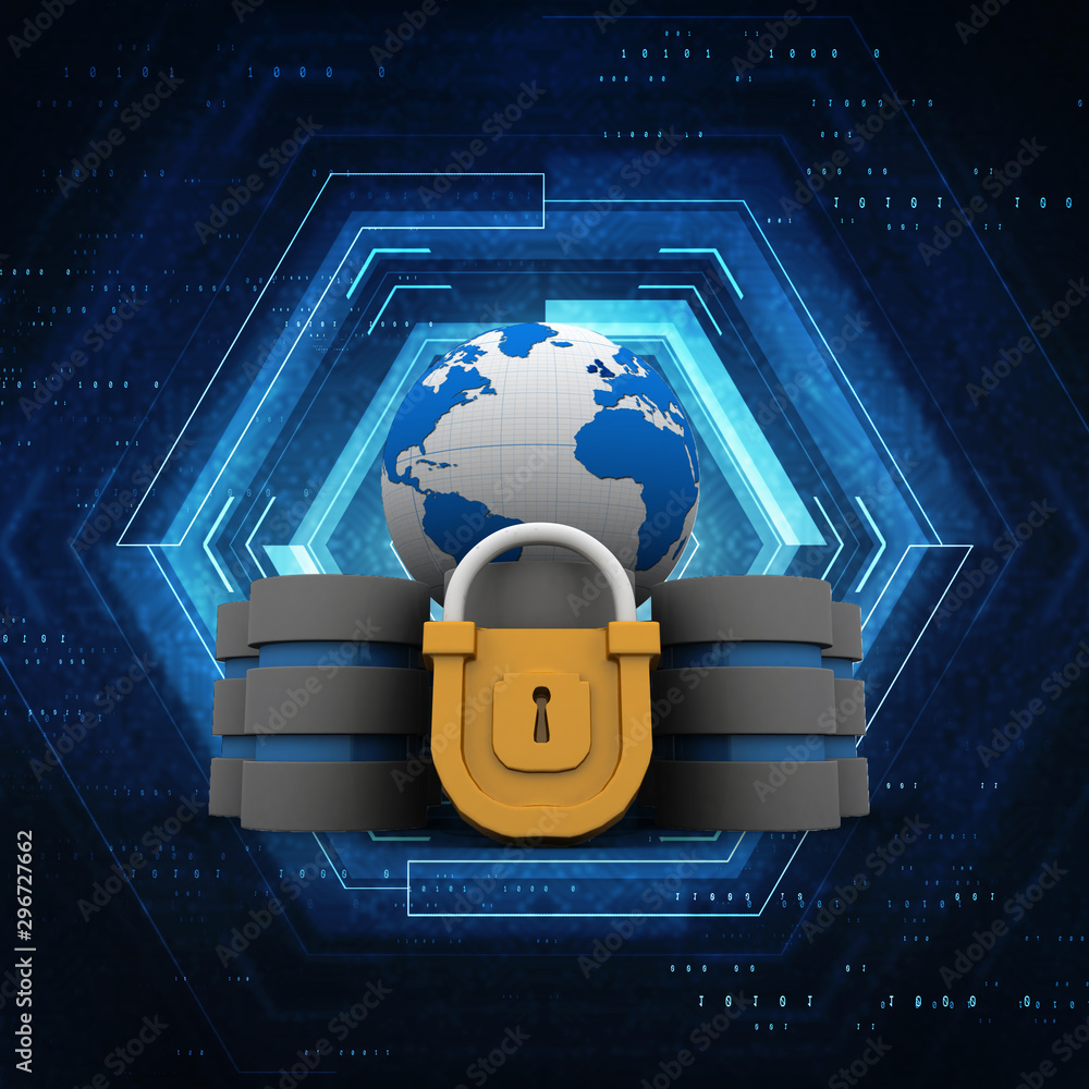 Poster 3d illustration database storage security concept. disk with lock