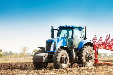 Fototapeta premium The tractor plows the field, cultivates the soil for sowing grain. The concept of agriculture and agricultural machinery.