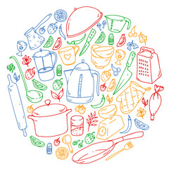 Cooking class. Kitchenware, utencils. Food and kitchen icons.