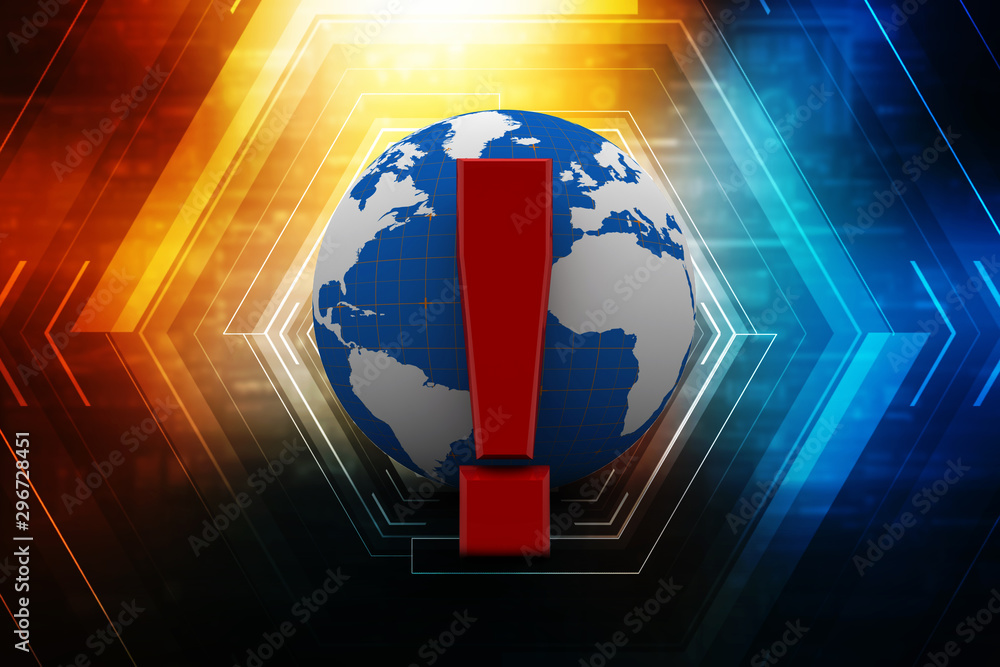 Poster 3d rendering exclamation mark and globe