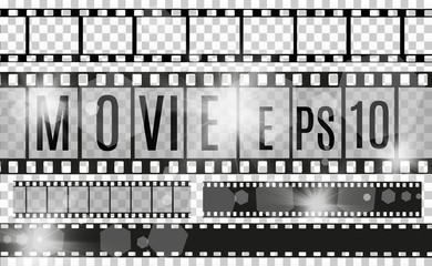 Set of film vector stripes isolated on transparent background.Film strip roll. Vector cinema background.