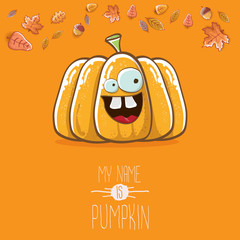 vector funny cartoon cute orange smiling pumkin isolated on orange background. My name is pumkin vector concept illustration. vegetable funky halloween or thanksgiving day character