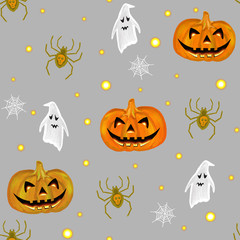 Seamless pattern with pumpkins, spiders, ghosts and cobwebs