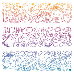Italian language learning. Vector pattern with icons and national symbols of Italy.