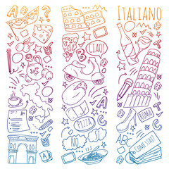 Italian language learning. Vector pattern with icons and national symbols of Italy.